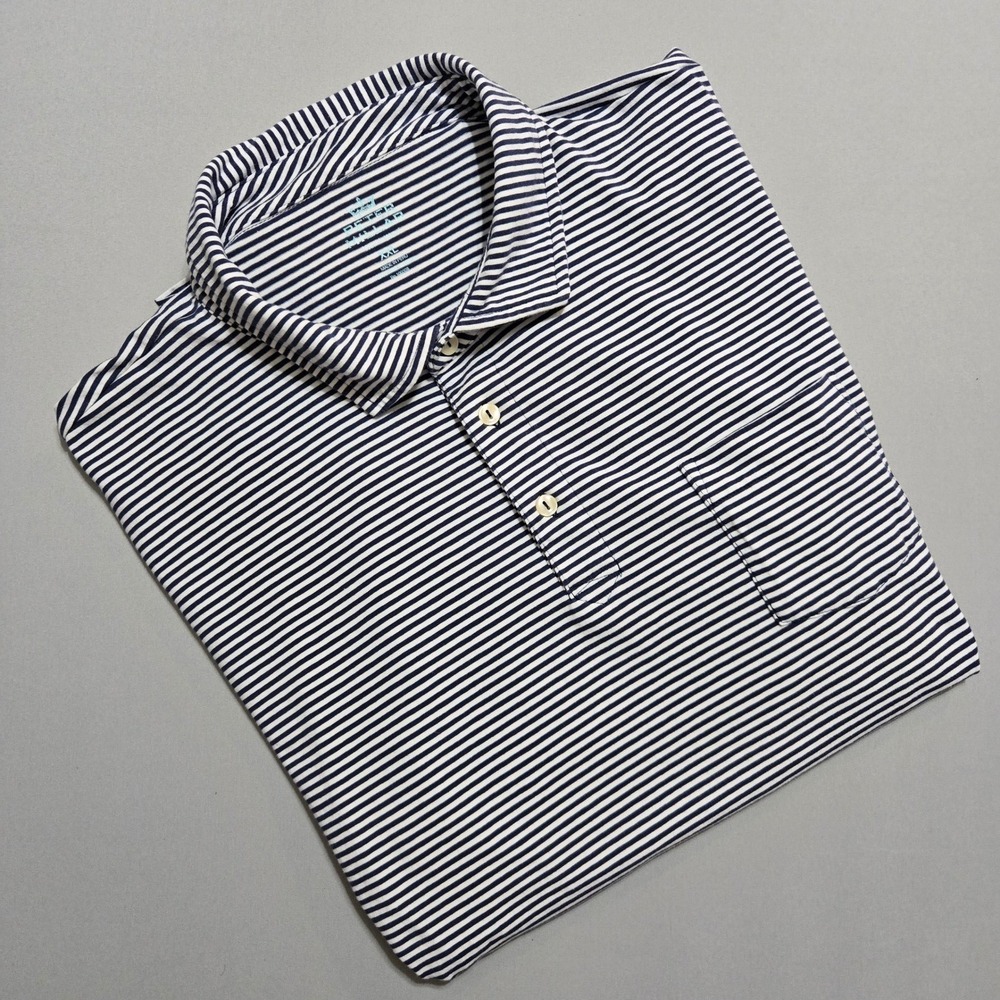 Peter Millar Polo Shirt Men XXL Navy Blue Striped Cotton Blend Pocket Crown Logo